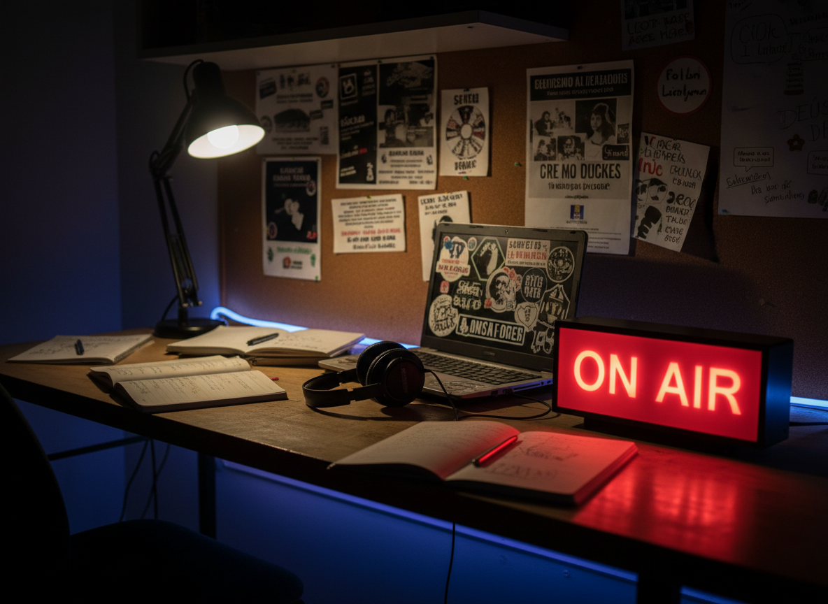 A bold, rebellious radio studio desk without any people, covered in scattered notebooks, a slightly battered laptop with political stickers, over-ear headphones resting on a scratched wooden surface, and a bright red “ON AIR” light glowing intensely. Behind, a corkboard filled with student flyers, protest posters, and hand-drawn doodles about Guanajuato campus life fills the background in soft blur. Photographic realism with dramatic side lighting from a single desk lamp and faint neon accent strips, casting strong shadows and reflections. Shot at eye level with a shallow depth of field, the desk front and ON AIR light in sharp focus. The mood is energetic, underground, and student-driven, conveying raw, independent media energy.