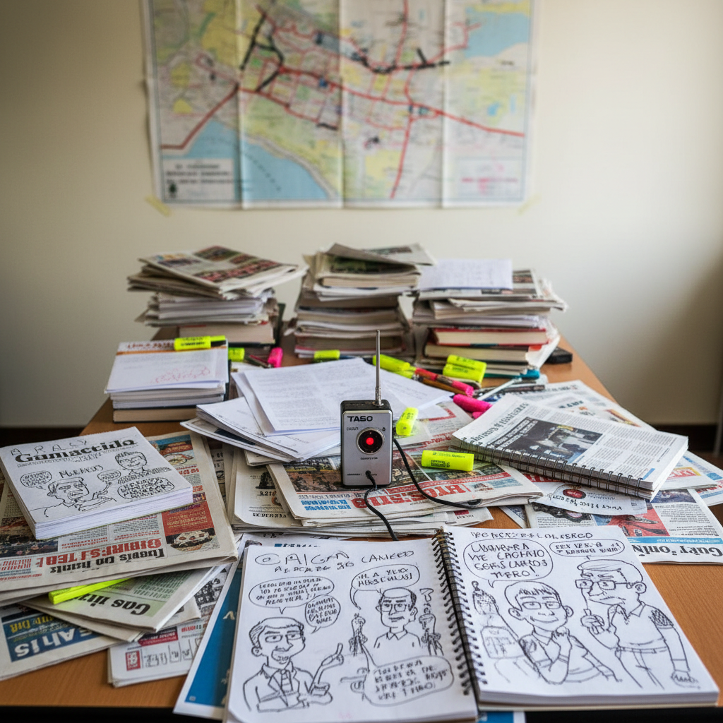 A messy student newsroom table in Guanajuato, completely empty of people, piled high with local newspapers, highlighter-marked printouts, and open sketchbooks filled with edgy cartoons criticizing campus bureaucracy. A small, rugged audio recorder lies in the center, its red record button illuminated. A faded map of Guanajuato with circles and arrows drawn in marker is taped to the wall behind, partially visible. Photographic realism with overhead fluorescent lighting creating harsh, honest illumination and subtle paper shadows. Shot from a slightly elevated angle, capturing the full chaos of the tabletop in sharp detail, while the background wall and map are gently out of focus. The mood is investigative, irreverent, and unapologetically student-centered, suggesting deep-dive reporting and mame about university life.
