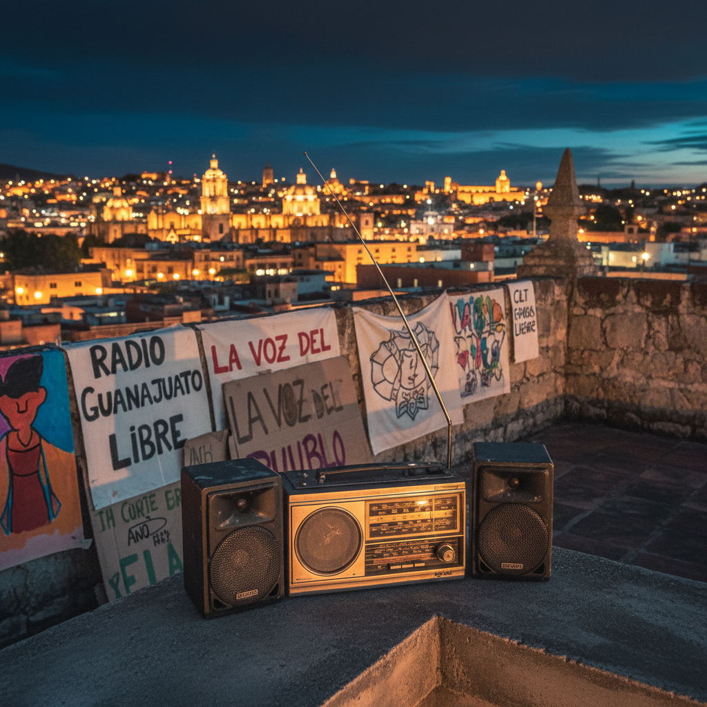 A nighttime rooftop in Guanajuato city, seen without people, where a small portable radio with a cracked antenna and a pair of worn-out speakers sits on the concrete ledge. Colorful, slightly tattered student banners and handmade cardboard signs lean against a low wall, with the colonial cityscape and cathedral domes glowing in the distance. Photographic realism with warm city lights and cool ambient sky light mixing together, creating reflections on the radio’s plastic body. Shot from a low angle close to the radio, using rule-of-thirds framing and a wide aperture to blur the city lights into bokeh. The atmosphere feels defiant, urban, and conspiratorial, as if it’s the secret headquarters of a student news station.